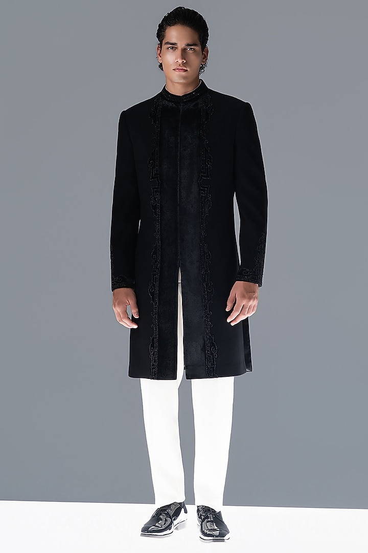 Black Crepe Hand Embellished Groom Bandhgala Set by Rohit Gandhi & Rahul Khanna Men at Pernia's Pop Up Shop