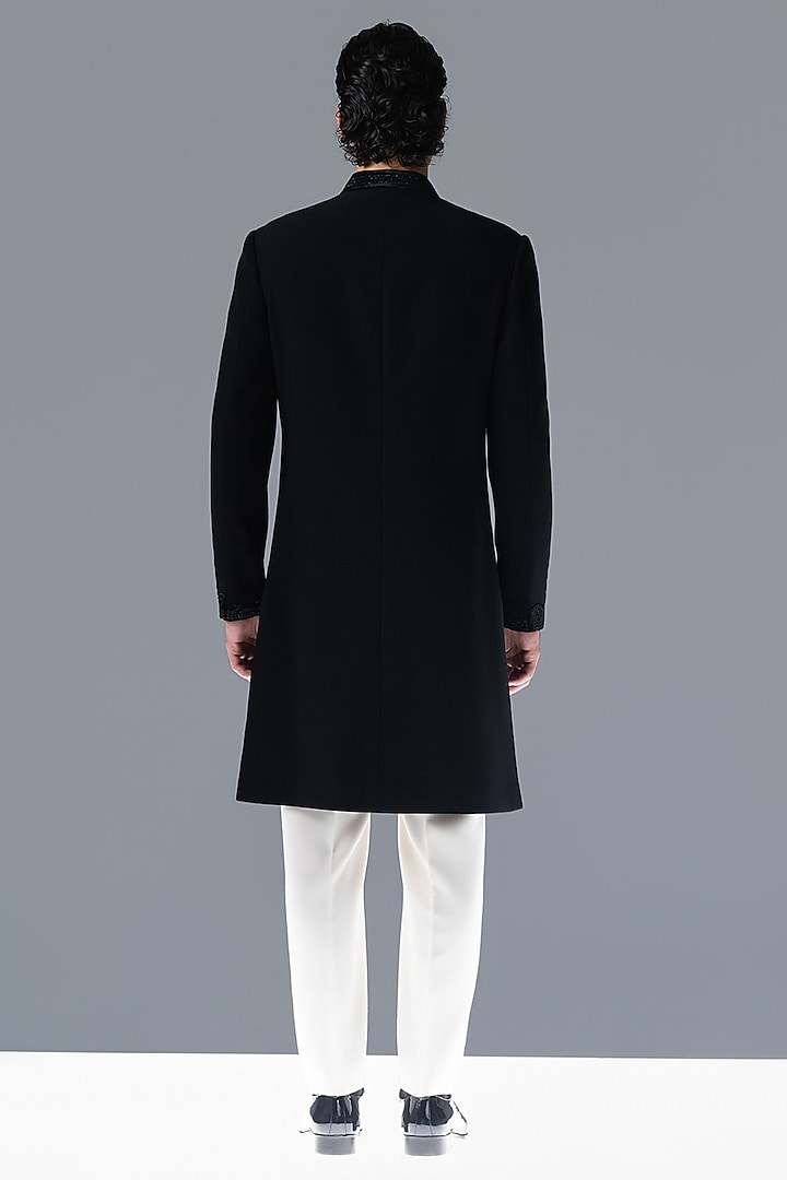 Black Crepe Hand Embellished Groom Bandhgala Set by Rohit Gandhi & Rahul Khanna Men at Pernia's Pop Up Shop