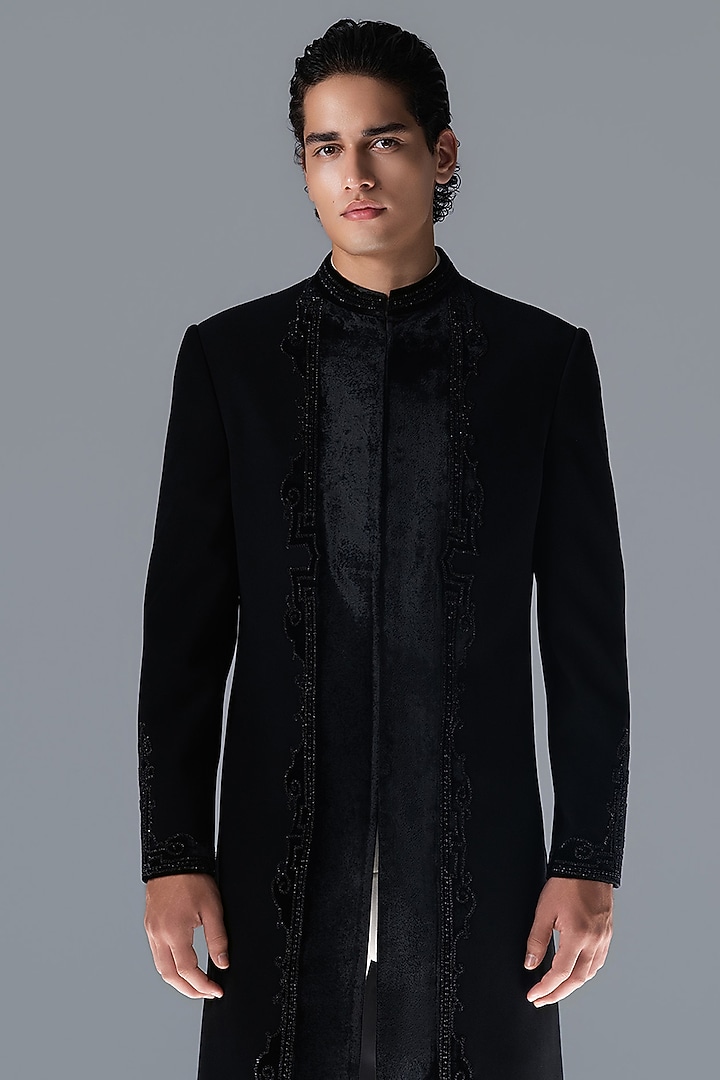 Black Crepe Hand Embellished Groom Bandhgala Set by Rohit Gandhi & Rahul Khanna Men at Pernia's Pop Up Shop