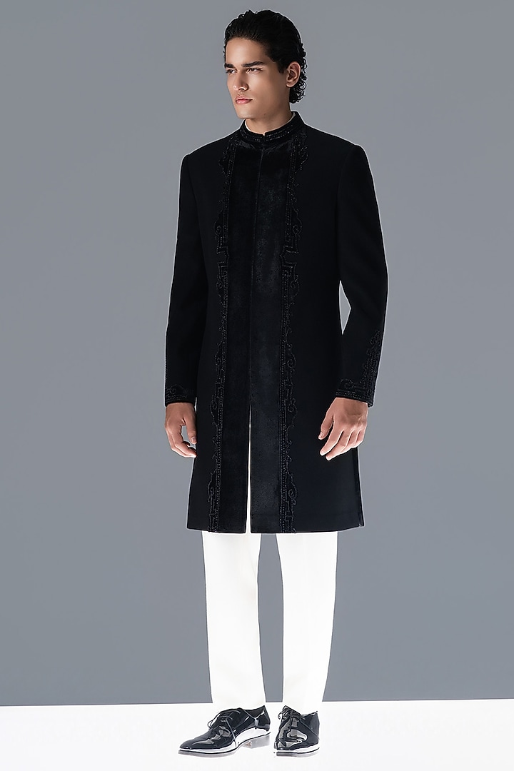 Black Crepe Hand Embellished Groom Bandhgala Set by Rohit Gandhi & Rahul Khanna Men at Pernia's Pop Up Shop