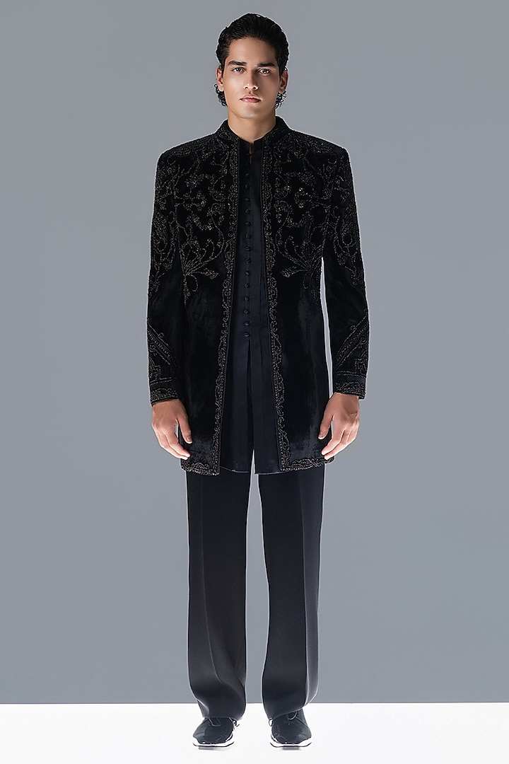 Black Silk Velvet Hand Embroidered Groom Bandhgala Set by Rohit Gandhi & Rahul Khanna Men at Pernia's Pop Up Shop
