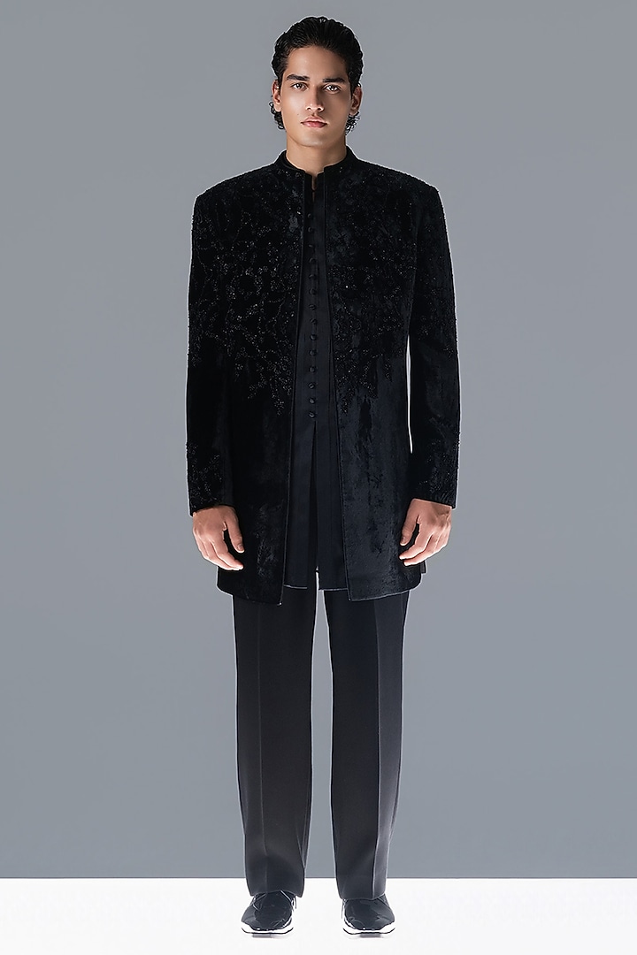 Black Silk Velvet Hand Embellished Groom Sherwani Set by Rohit Gandhi & Rahul Khanna Men at Pernia's Pop Up Shop