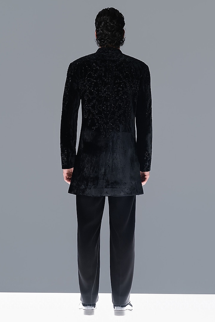 Black Silk Velvet Hand Embellished Groom Sherwani Set by Rohit Gandhi & Rahul Khanna Men at Pernia's Pop Up Shop