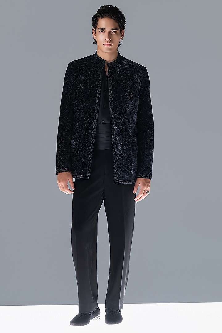 Midnight Blue Silk Velvet Hand Embellished Groom Bandhgala Set by Rohit Gandhi & Rahul Khanna Men at Pernia's Pop Up Shop
