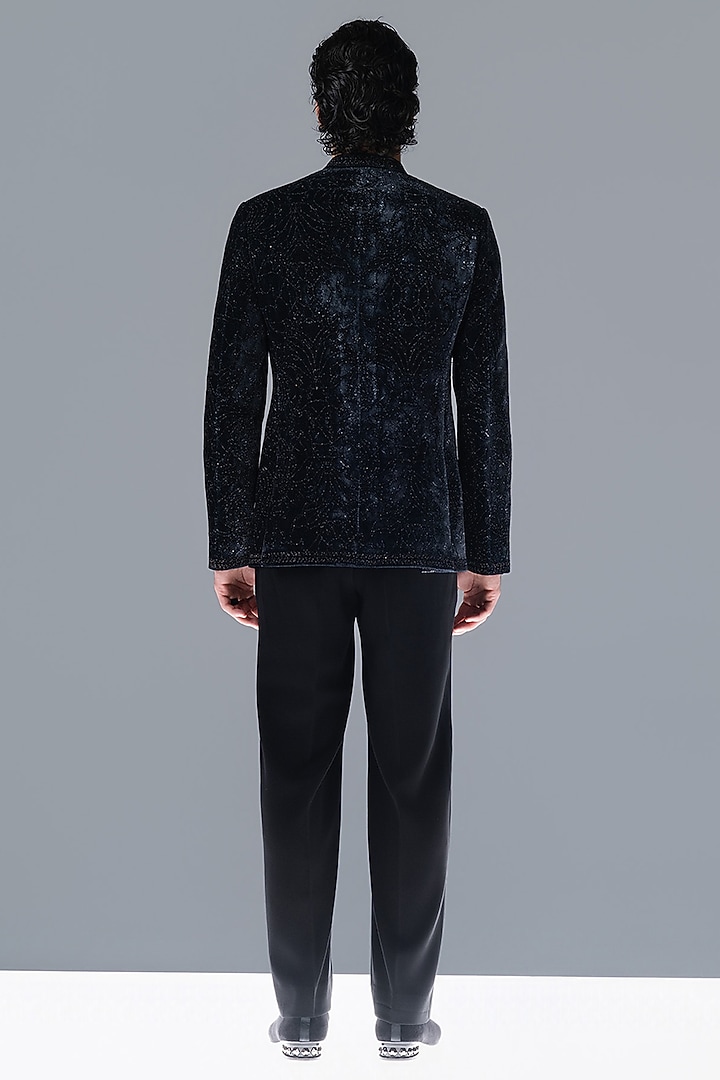 Midnight Blue Silk Velvet Hand Embellished Groom Bandhgala Set by Rohit Gandhi & Rahul Khanna Men at Pernia's Pop Up Shop