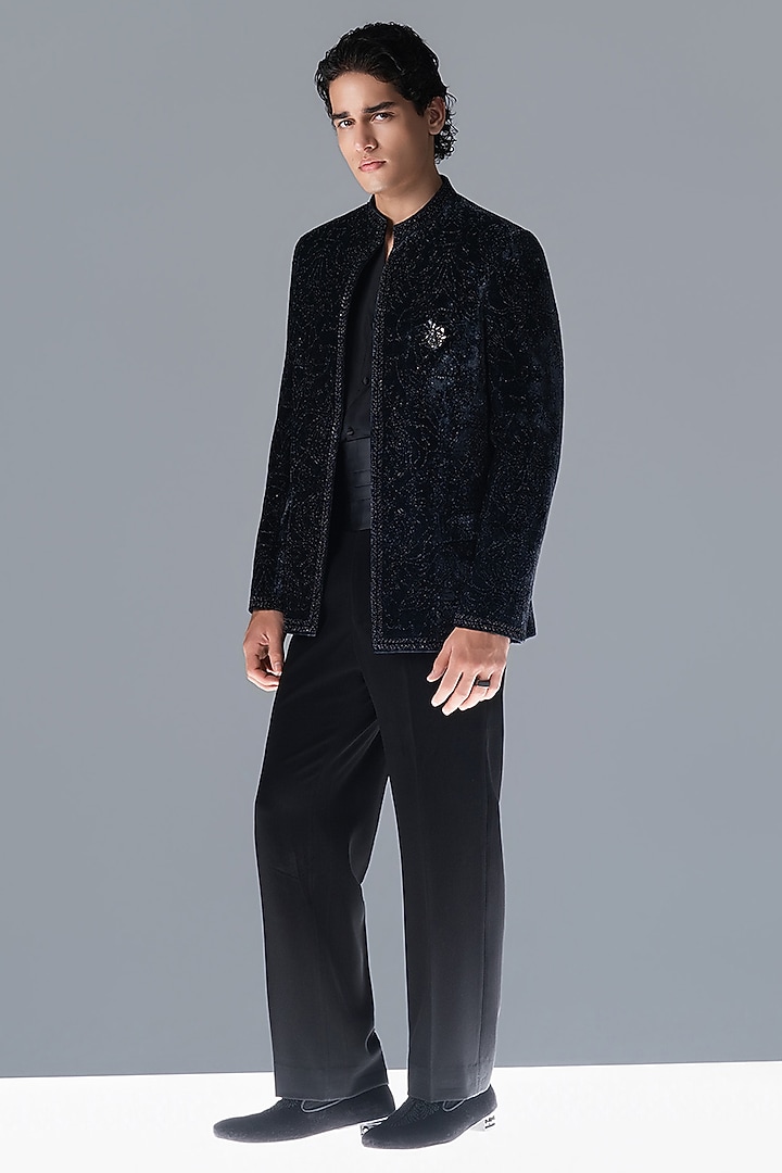 Midnight Blue Silk Velvet Hand Embellished Groom Bandhgala Set by Rohit Gandhi & Rahul Khanna Men at Pernia's Pop Up Shop