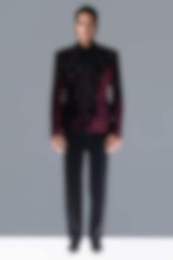 Berry-Colored Silk Velvet Hand Embroidered Groom Bandhgala Set by Rohit Gandhi & Rahul Khanna Men at Pernia's Pop Up Shop