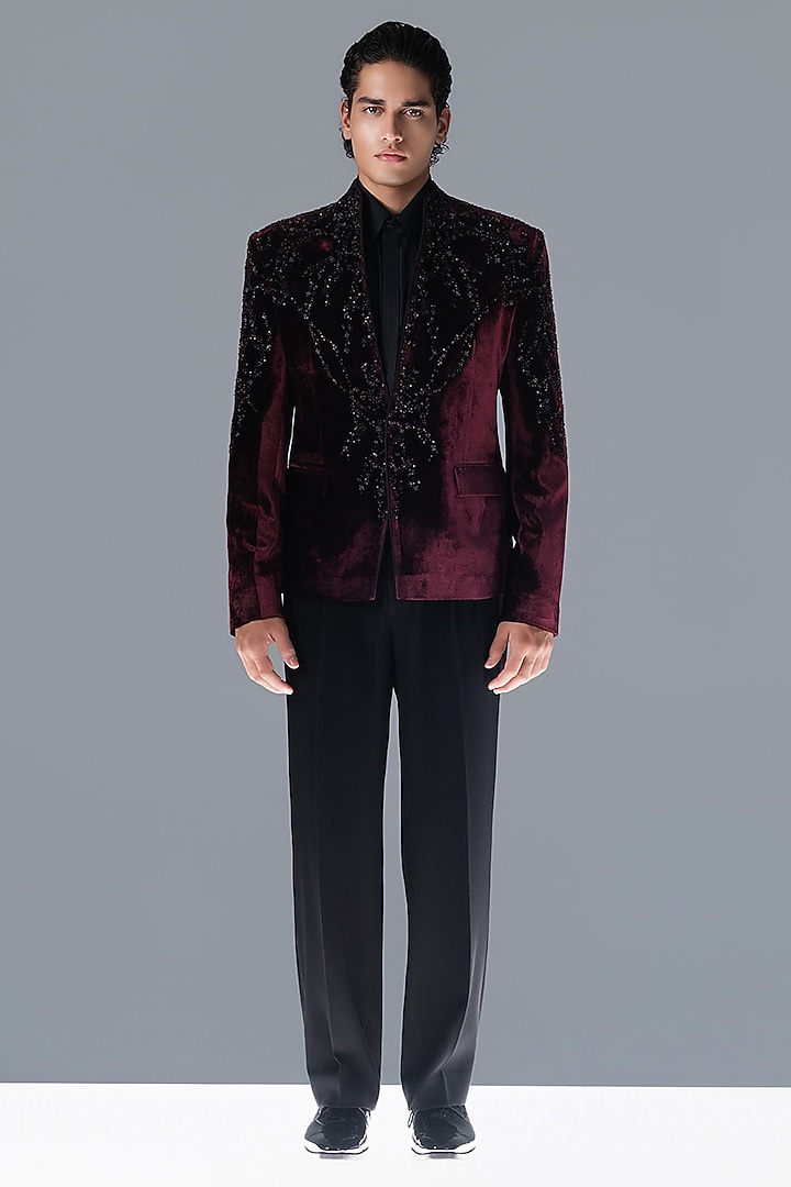 Berry-Colored Silk Velvet Hand Embroidered Groom Bandhgala Set by Rohit Gandhi & Rahul Khanna Men at Pernia's Pop Up Shop