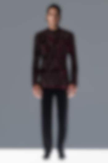 Berry-Colored Silk Velvet Hand Embellished Groom Bandhgala Set by Rohit Gandhi & Rahul Khanna Men at Pernia's Pop Up Shop