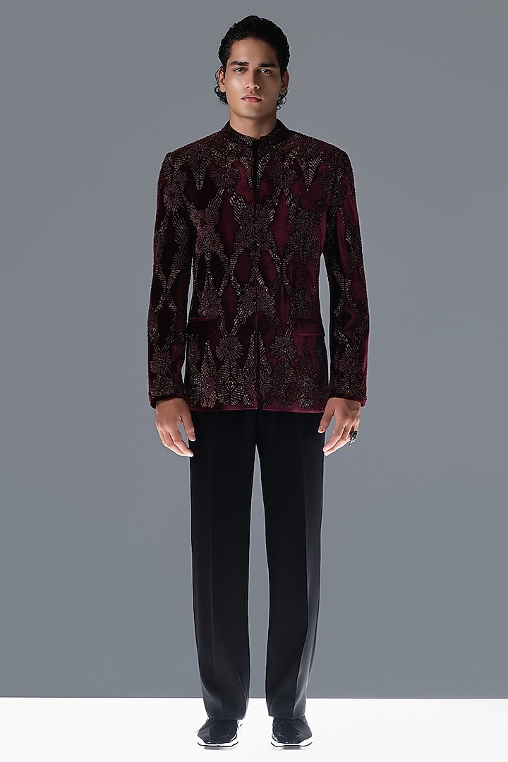 Berry-Colored Silk Velvet Hand Embellished Groom Bandhgala Set by Rohit Gandhi & Rahul Khanna Men at Pernia's Pop Up Shop