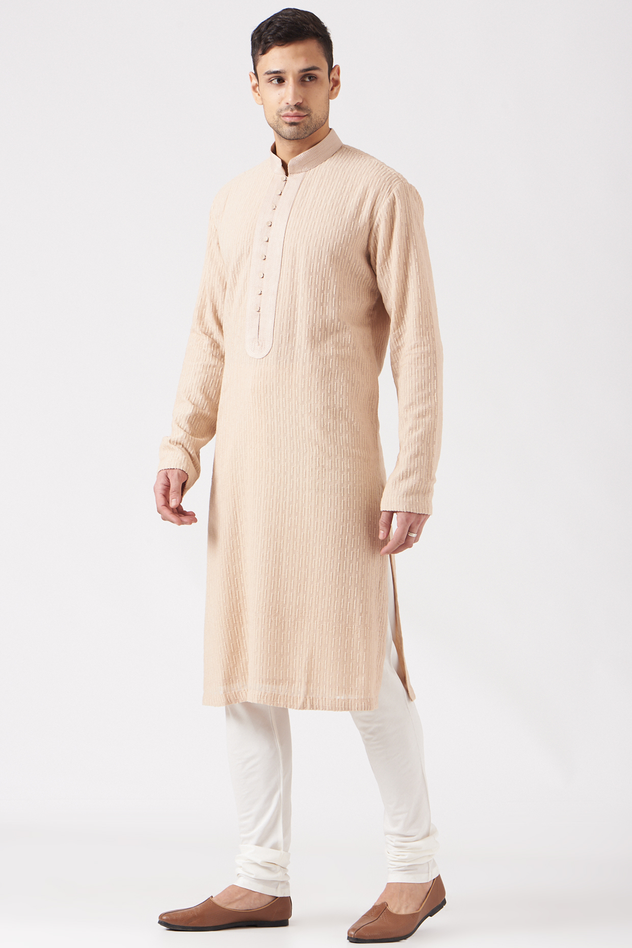 Peach Embroidered Kurta Set by Rohit Gandhi & Rahul Khanna Men