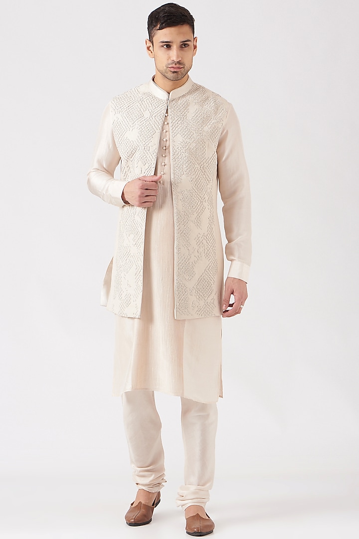 Beige Hand Embroidered Bandhgala Jacket by Rohit Gandhi & Rahul Khanna Men