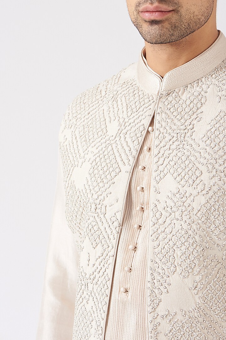 Beige Hand Embroidered Wedding Bandhgala Jacket by Rohit Gandhi & Rahul Khanna Men at Pernia's Pop Up Shop