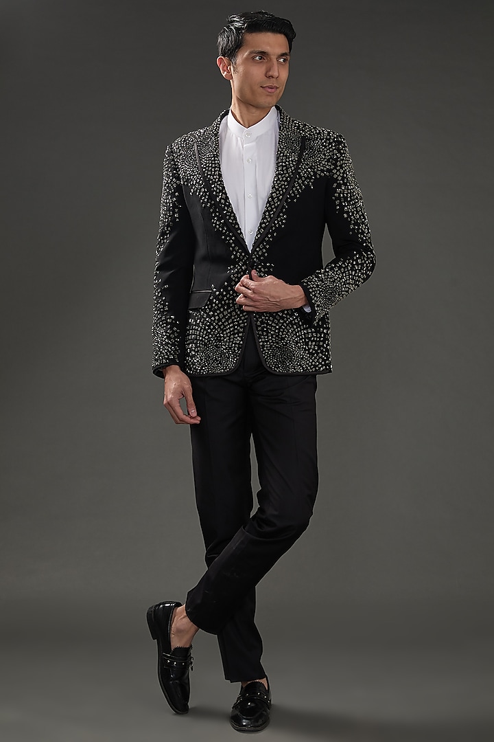 Black Velvet Cut-Beads Embroidered Tuxedo Set by Rohit Gandhi & Rahul Khanna Men at Pernia's Pop Up Shop