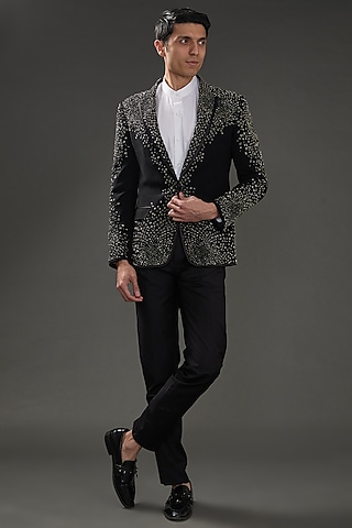 Black Suiting Cut-Beads Embroidered Tuxedo  by Rohit Gandhi & Rahul Khanna Men