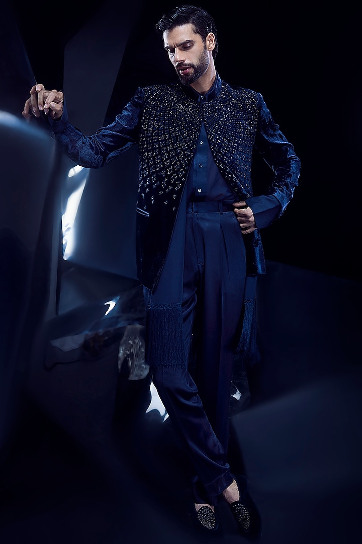 Galaxy Blue Crepe Crystal Embroidered Bandhgala Set by Rohit Gandhi & Rahul Khanna Men