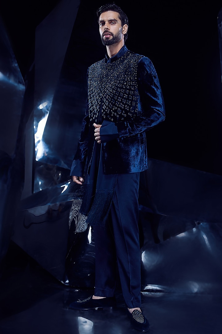 Galaxy Blue Crepe Crystal Embroidered Groom Bandhgala Set by Rohit Gandhi & Rahul Khanna Men at Pernia's Pop Up Shop