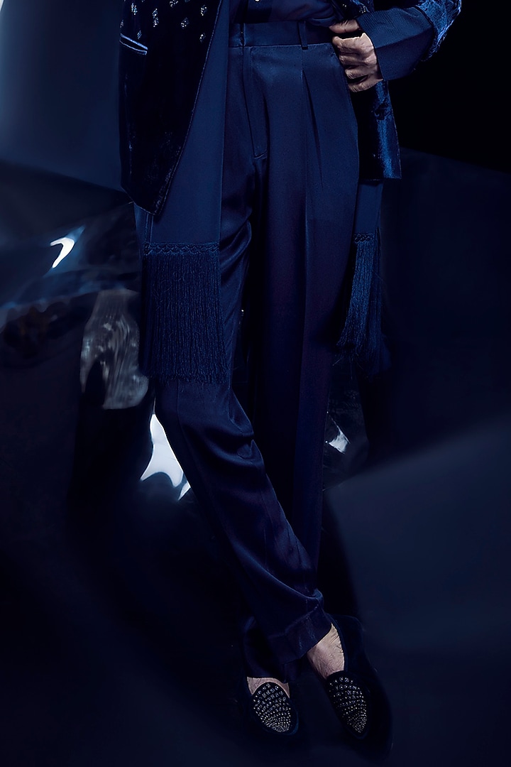 Galaxy Blue Crepe Crystal Embroidered Groom Bandhgala Set by Rohit Gandhi & Rahul Khanna Men at Pernia's Pop Up Shop