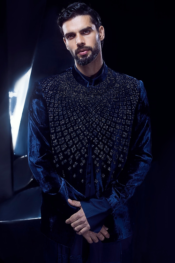 Galaxy Blue Crepe Crystal Embroidered Groom Bandhgala Set by Rohit Gandhi & Rahul Khanna Men at Pernia's Pop Up Shop