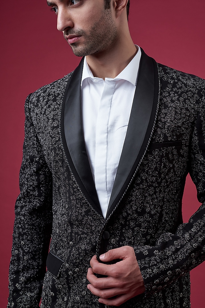 Black Crepe Shawl Collar Tuxedo Set by Rohit Gandhi & Rahul Khanna Men at Pernia's Pop Up Shop