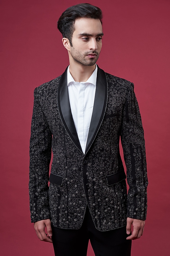Black Crepe Shawl Collar Tuxedo Set by Rohit Gandhi & Rahul Khanna Men at Pernia's Pop Up Shop