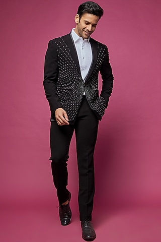 Black Crepe Embellished Tuxedo Set by Rohit Gandhi & Rahul Khanna Men