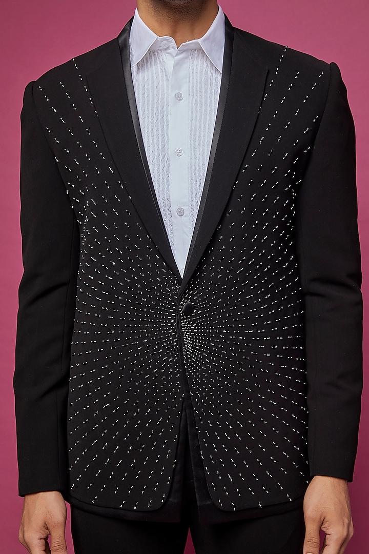 Black Crepe Embellished Tuxedo Set by Rohit Gandhi & Rahul Khanna Men at Pernia's Pop Up Shop