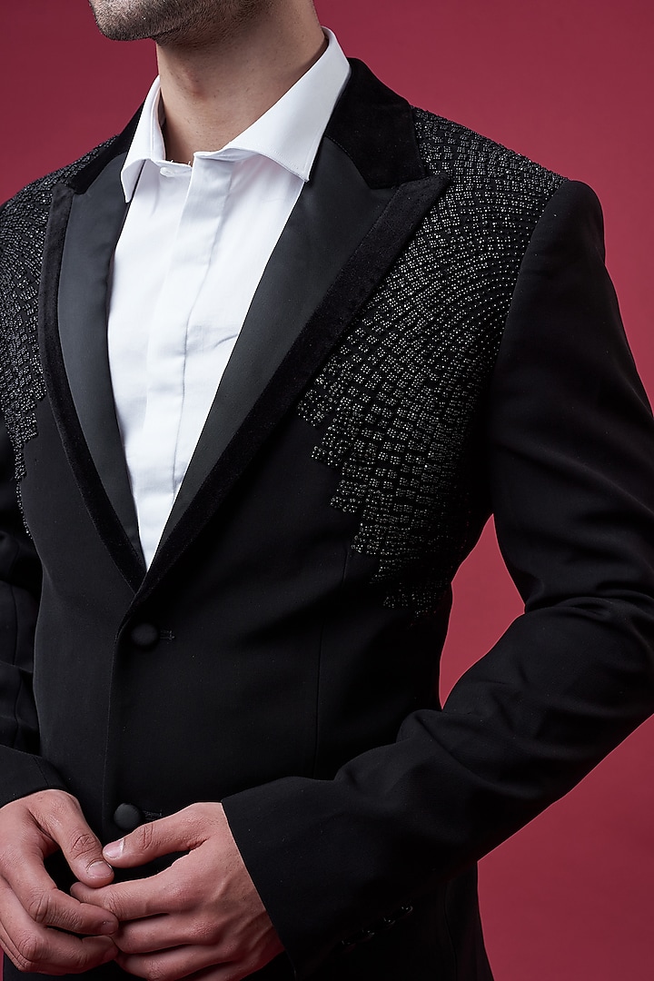 Black Crepe Embellished Tuxedo Set by Rohit Gandhi & Rahul Khanna Men at Pernia's Pop Up Shop