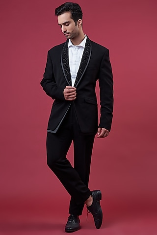 Black Stretch Crepe Embellished Tuxedo Set by Rohit Gandhi & Rahul Khanna Men