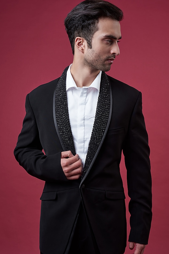 Black Stretch Crepe Embellished Tuxedo Set by Rohit Gandhi & Rahul Khanna Men at Pernia's Pop Up Shop