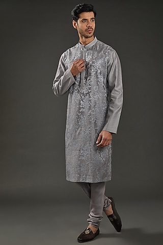 Steel Grey Cotton Silk Thread Embroidered Kurta Set by Rohit Gandhi & Rahul Khanna Men