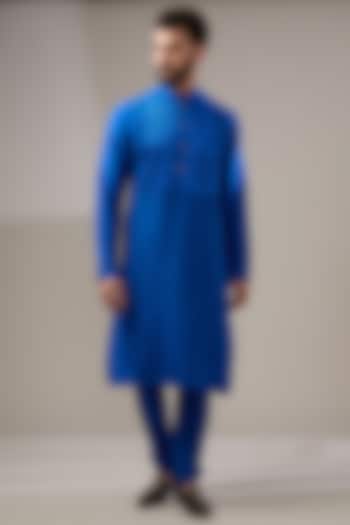 Cobalt Blue Silk Kurta Set by Rohit Gandhi & Rahul Khanna Men
