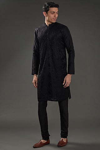 Black Silk & Cotton Kurta Set by Rohit Gandhi & Rahul Khanna Men
