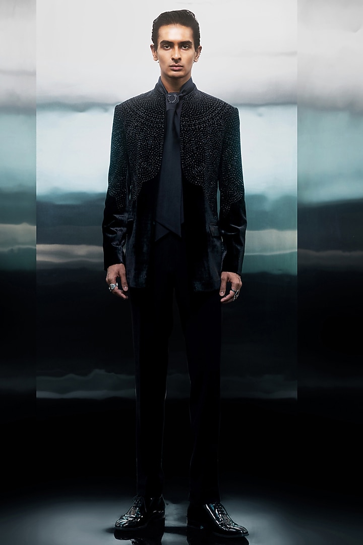 Black Velvet Sequin Embellished Groom Bandhgala Set by Rohit Gandhi & Rahul Khanna Men at Pernia's Pop Up Shop