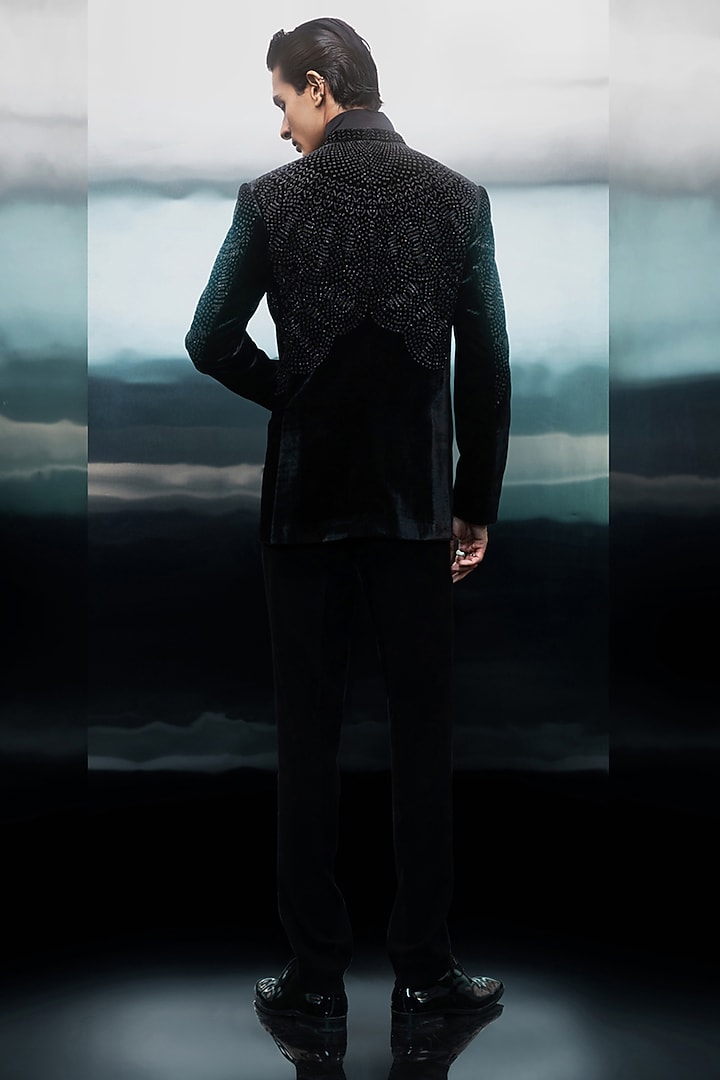 Black Velvet Sequin Embellished Groom Bandhgala Set by Rohit Gandhi & Rahul Khanna Men at Pernia's Pop Up Shop