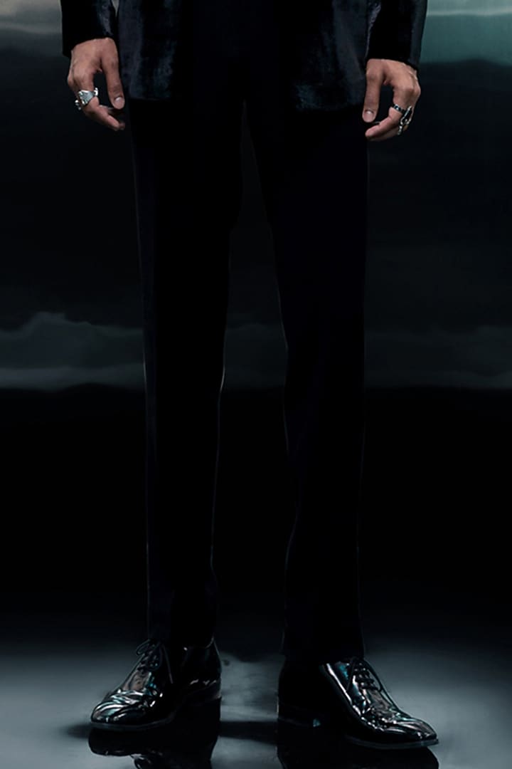 Black Velvet Sequin Embellished Groom Bandhgala Set by Rohit Gandhi & Rahul Khanna Men at Pernia's Pop Up Shop