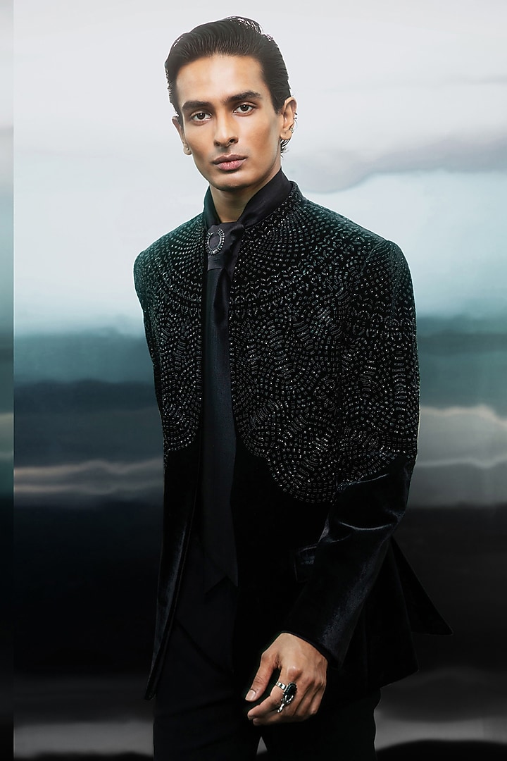 Black Velvet Sequin Embellished Groom Bandhgala Set by Rohit Gandhi & Rahul Khanna Men at Pernia's Pop Up Shop