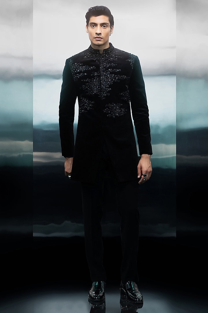 Black Velvet Embellished Groom Bandhgala Set by Rohit Gandhi & Rahul Khanna Men at Pernia's Pop Up Shop