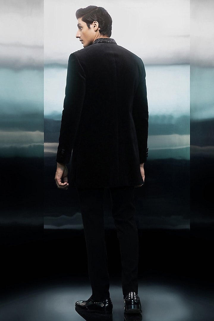 Black Velvet Embellished Groom Bandhgala Set by Rohit Gandhi & Rahul Khanna Men at Pernia's Pop Up Shop
