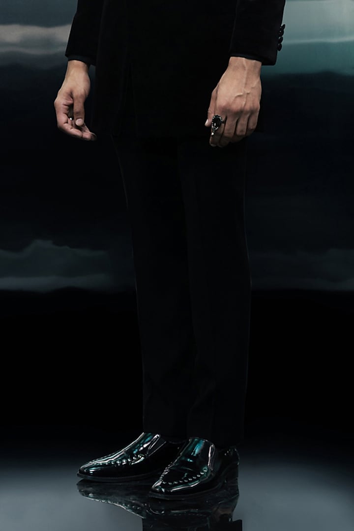 Black Velvet Embellished Groom Bandhgala Set by Rohit Gandhi & Rahul Khanna Men at Pernia's Pop Up Shop