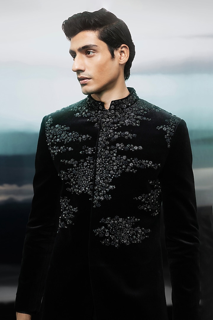 Black Velvet Embellished Groom Bandhgala Set by Rohit Gandhi & Rahul Khanna Men at Pernia's Pop Up Shop