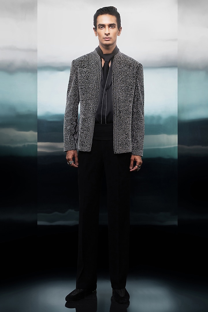 Silver Silk Velvet Textured Groom Bandhgala Set by Rohit Gandhi & Rahul Khanna Men at Pernia's Pop Up Shop