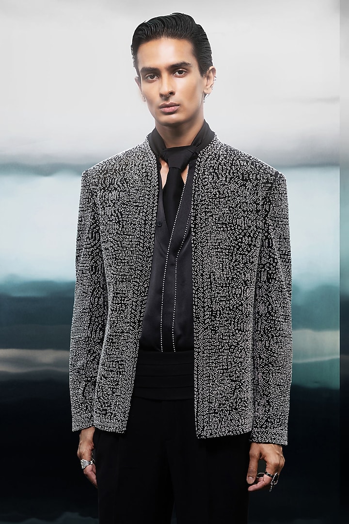 Silver Silk Velvet Textured Groom Bandhgala Set by Rohit Gandhi & Rahul Khanna Men at Pernia's Pop Up Shop