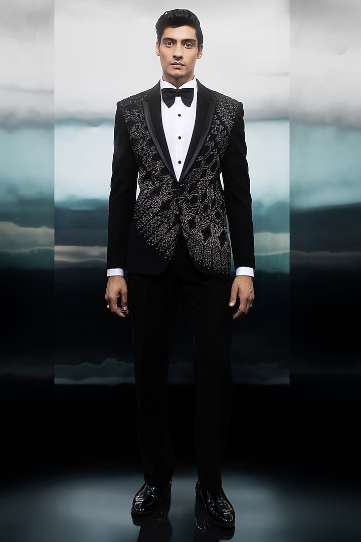 Black Crepe Hand Embroidered Tuxedo Set by Rohit Gandhi & Rahul Khanna Men at Pernia's Pop Up Shop