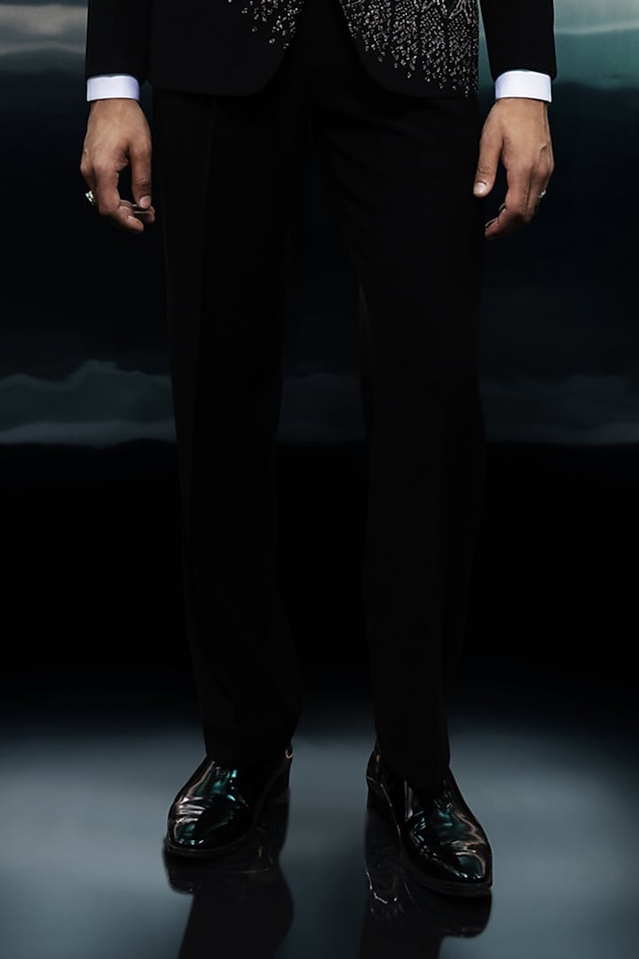 Black Crepe Hand Embroidered Tuxedo Set by Rohit Gandhi & Rahul Khanna Men at Pernia's Pop Up Shop