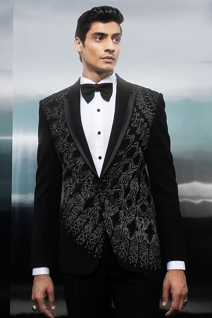Black Crepe Hand Embroidered Tuxedo Set by Rohit Gandhi & Rahul Khanna Men at Pernia's Pop Up Shop
