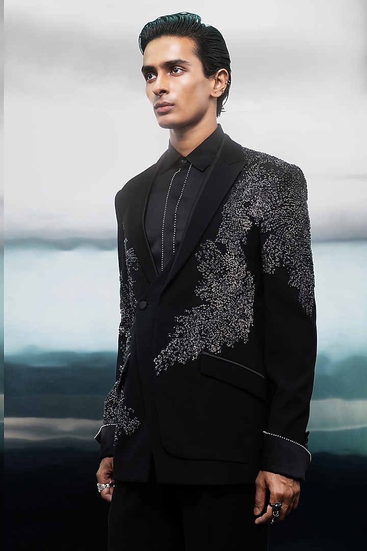 Black Crepe Floral Embroidered Tuxedo Set by Rohit Gandhi & Rahul Khanna Men at Pernia's Pop Up Shop