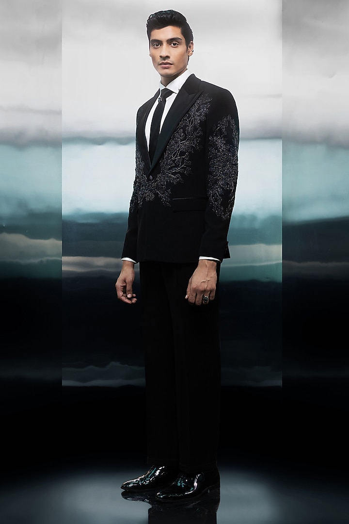 Black Crepe Embroidered Tuxedo Set by Rohit Gandhi & Rahul Khanna Men at Pernia's Pop Up Shop