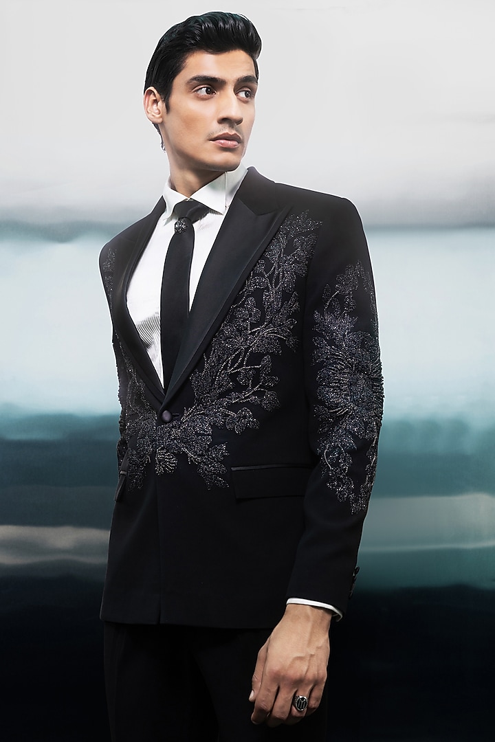 Black Crepe Embroidered Tuxedo Set by Rohit Gandhi & Rahul Khanna Men at Pernia's Pop Up Shop