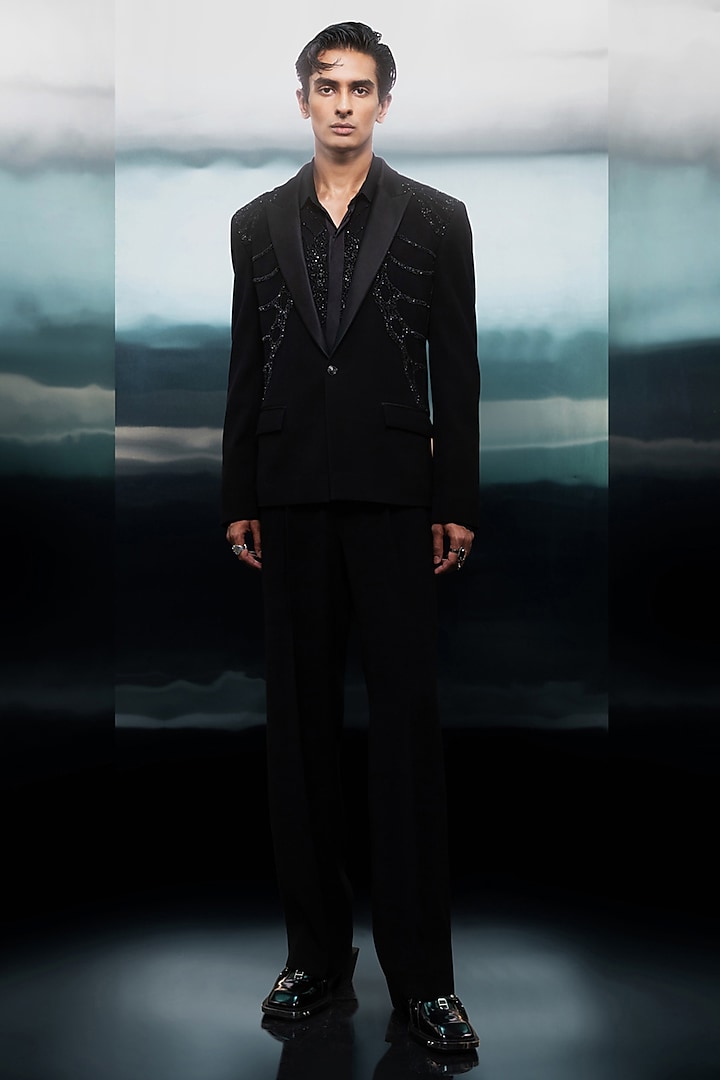 Black Crepe Beaded Tuxedo Set by Rohit Gandhi & Rahul Khanna Men at Pernia's Pop Up Shop